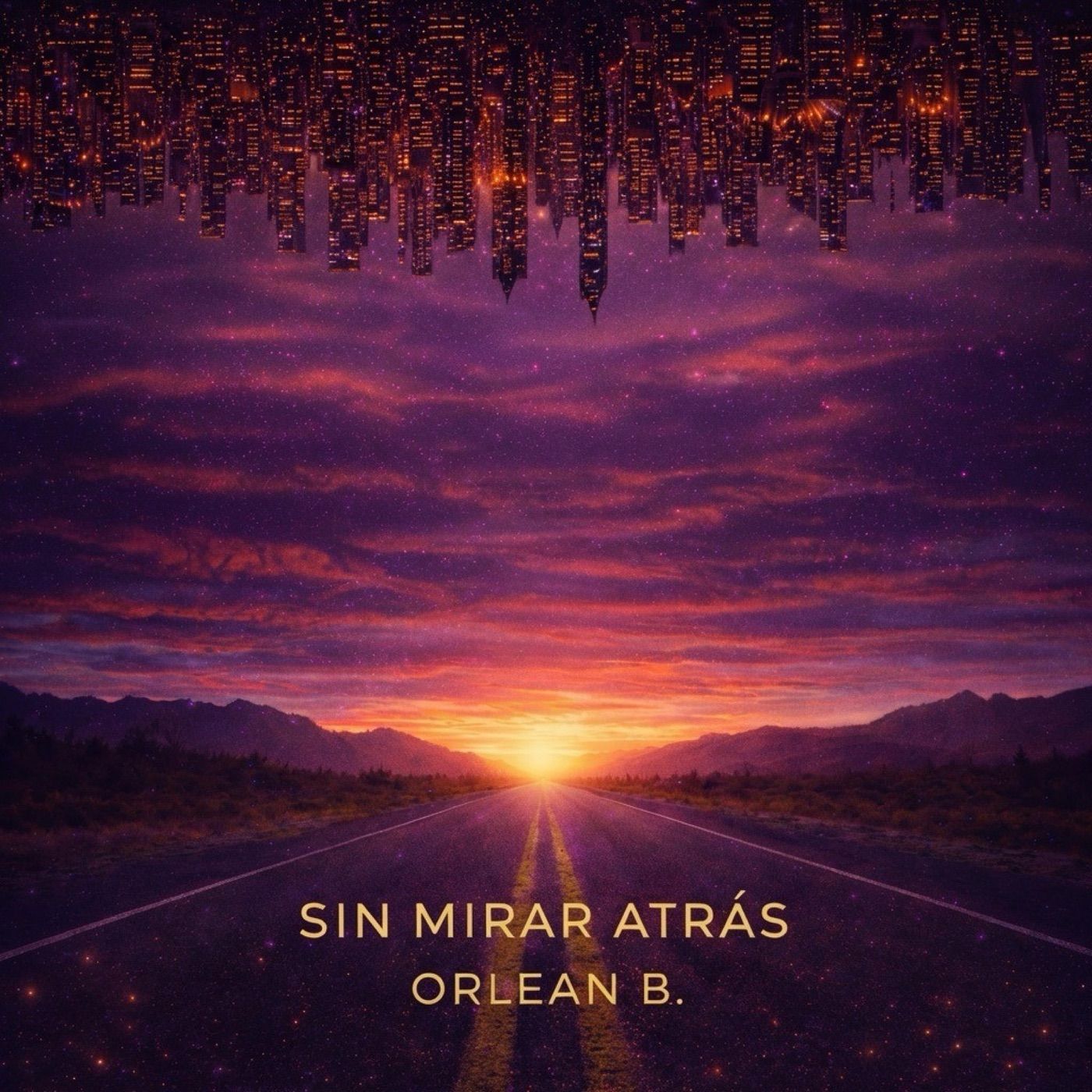 Portada de Sin mirar atrás: una carretera hacia un atardecer violeta